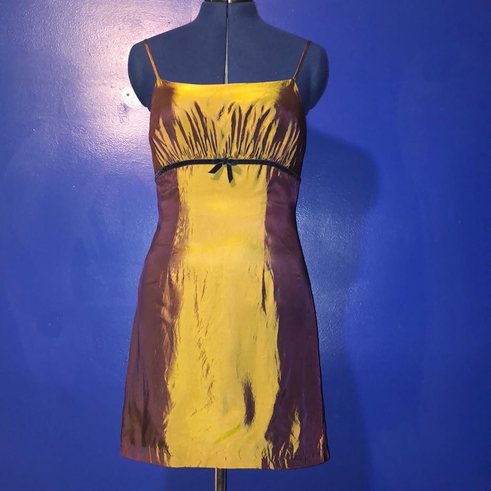 Yellow and Purple Satin Slip Dress with Spaghetti Straps